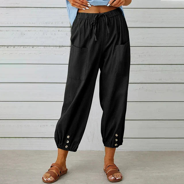 Women's black relaxed fit high-waisted cotton trousers