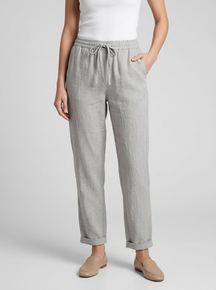 Women's green straight-leg summer trousers with elastic waist