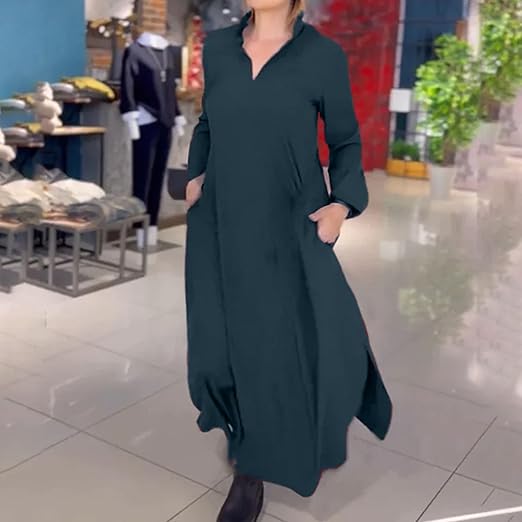 Women's black collared maxi dress with v-neck and side split