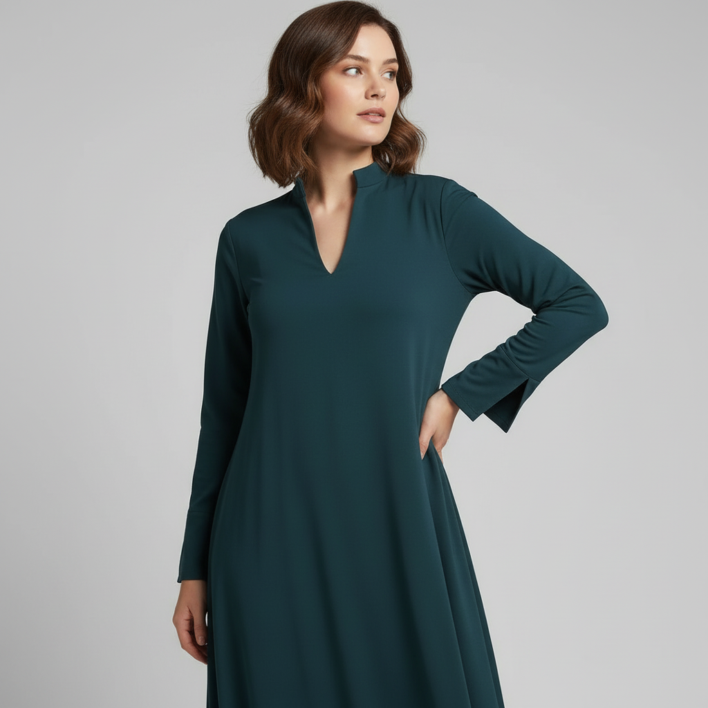 Women's green collared maxi dress with v-neck and side split