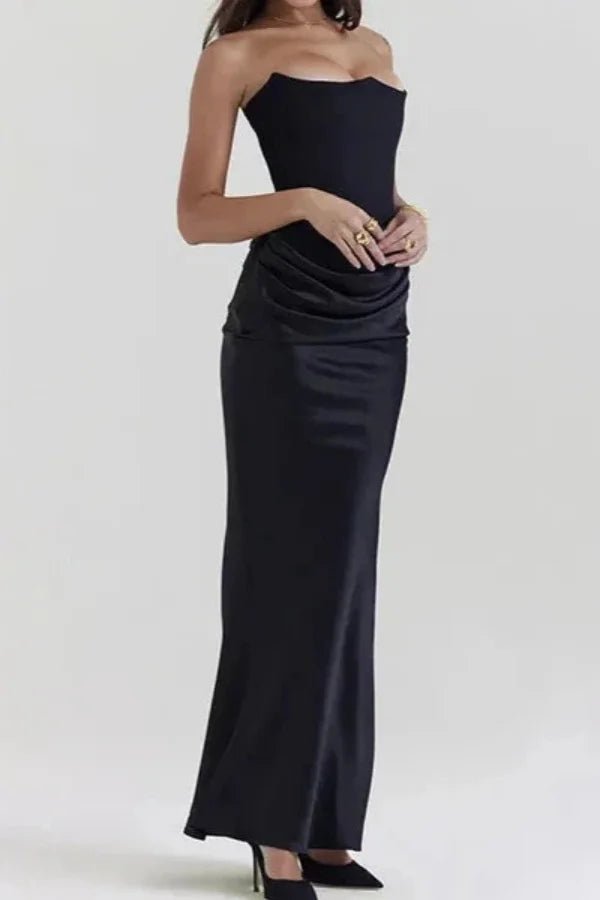 Women's white satin corset maxi dress with a square neck