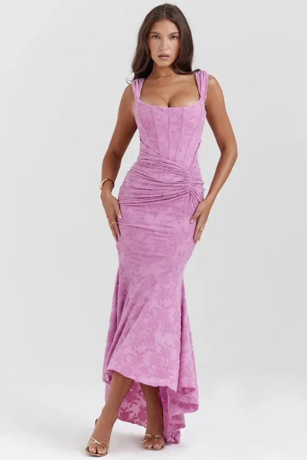 women's corset gown with a square neck and high-low hem