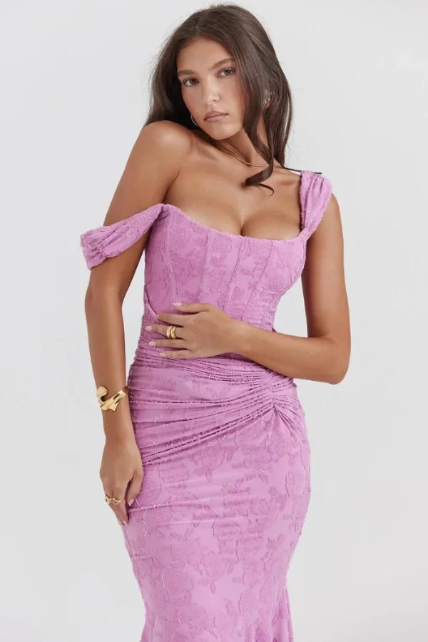women's corset gown with a square neck and high-low hem
