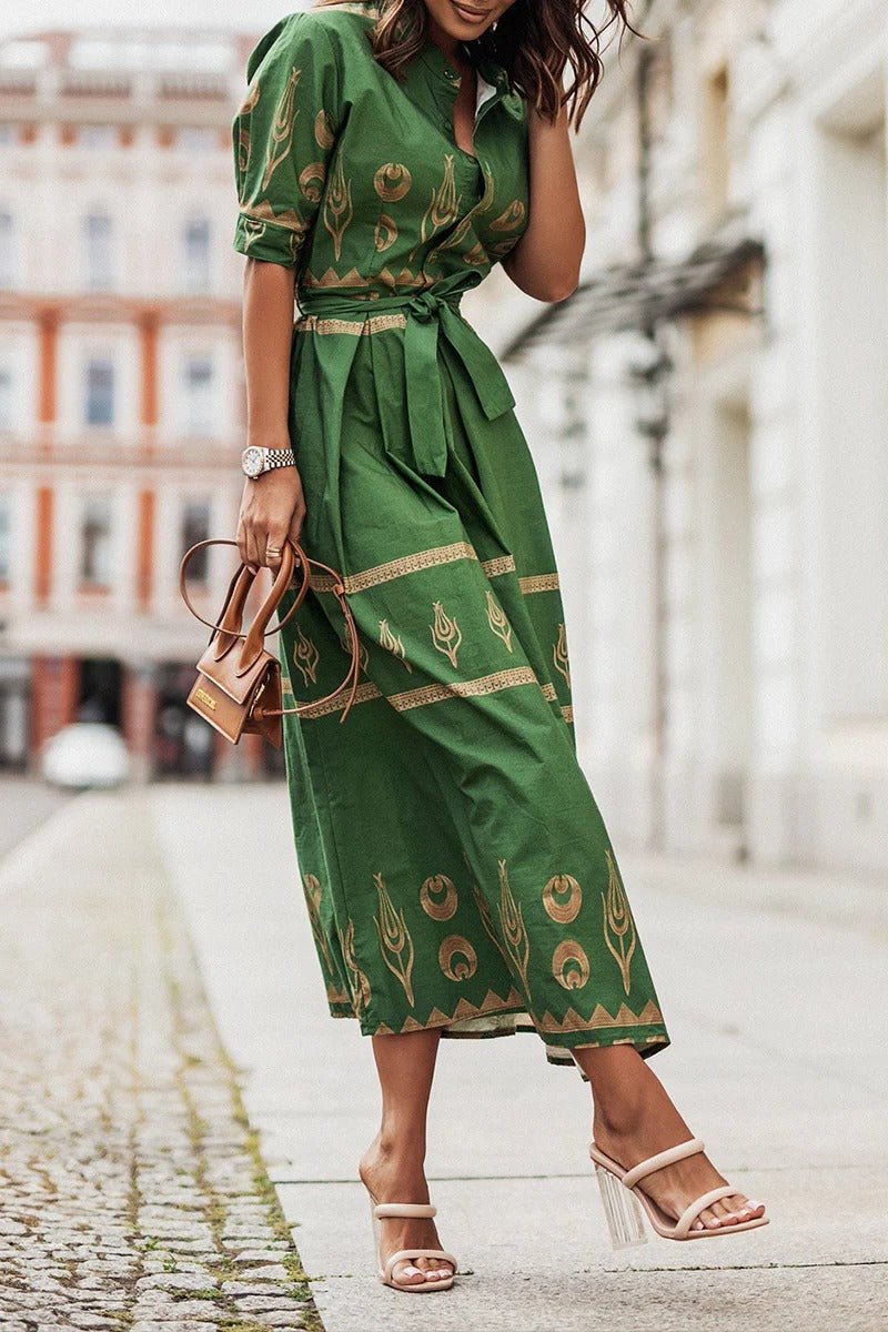 Women's black boho print midi dress with self-tie waist
