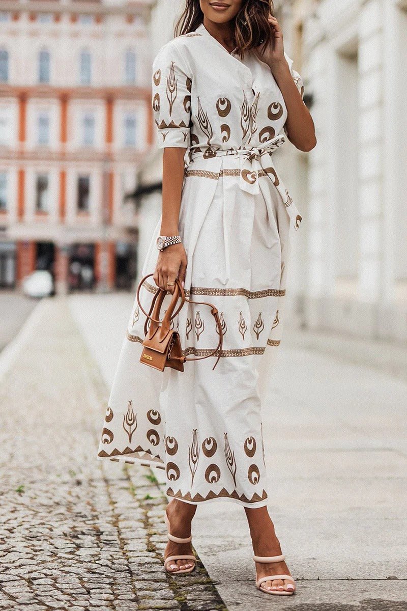 Women's black boho print midi dress with self-tie waist