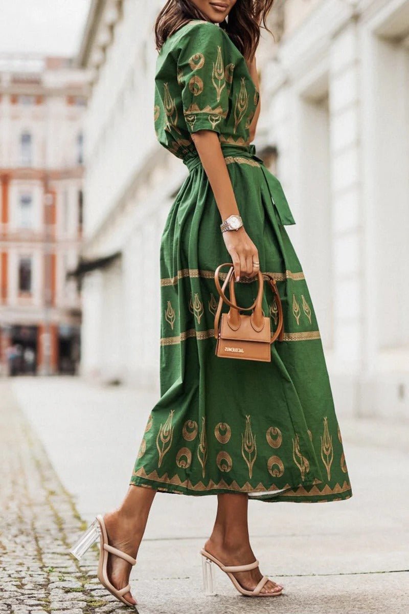 Women's black boho print midi dress with self-tie waist