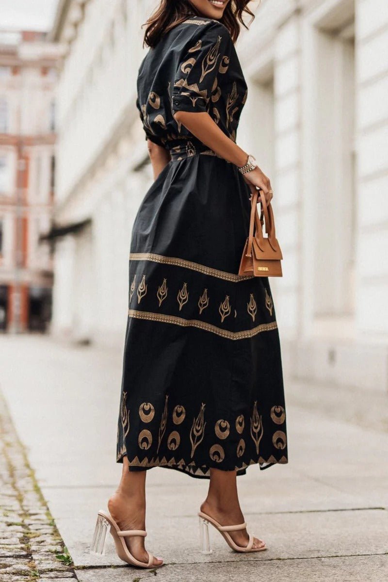 Women's green boho print midi dress with self-tie waist