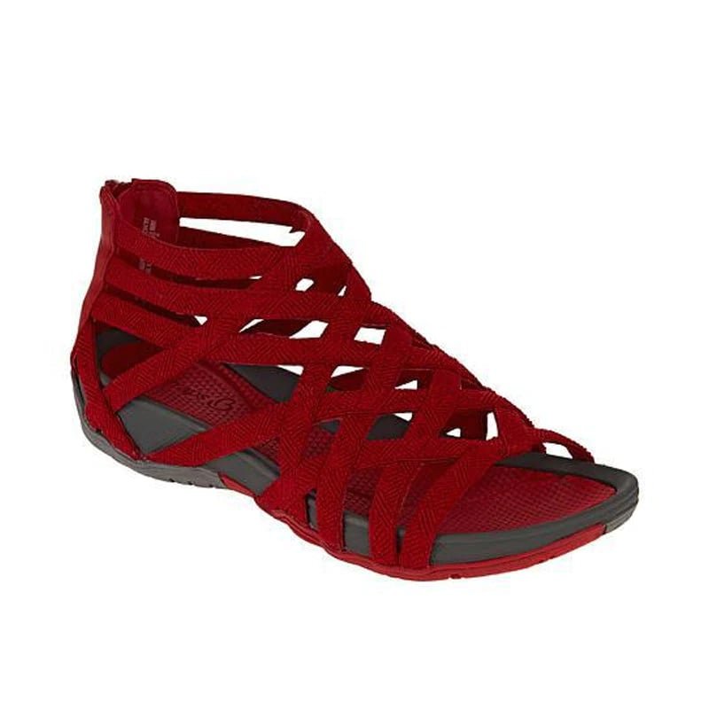 Women's red adjustable strappy sandals with cushioned footbed