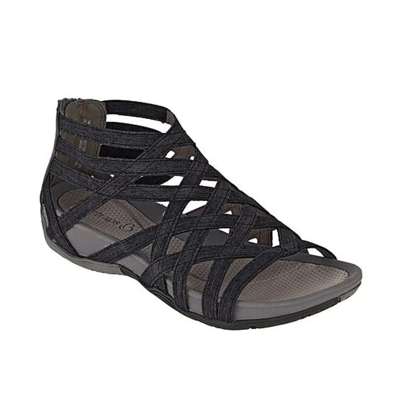 Women's red adjustable strappy sandals with cushioned footbed
