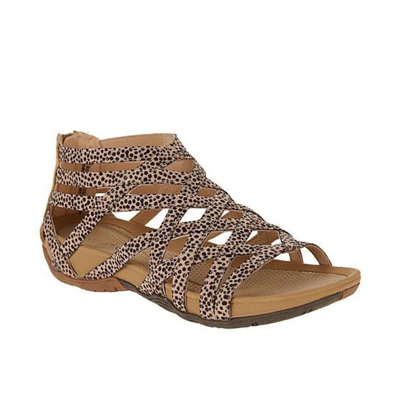 Women's red adjustable strappy sandals with cushioned footbed