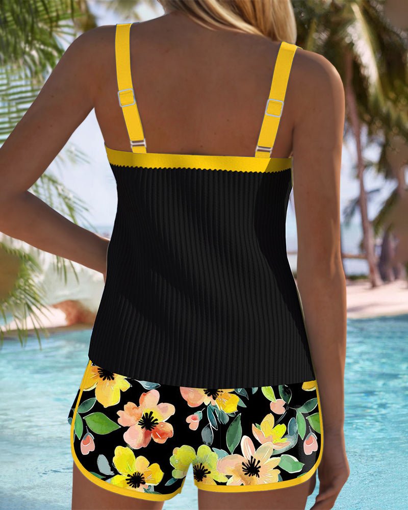 Women's fuchsia tummy control tankini set with floral print shorts