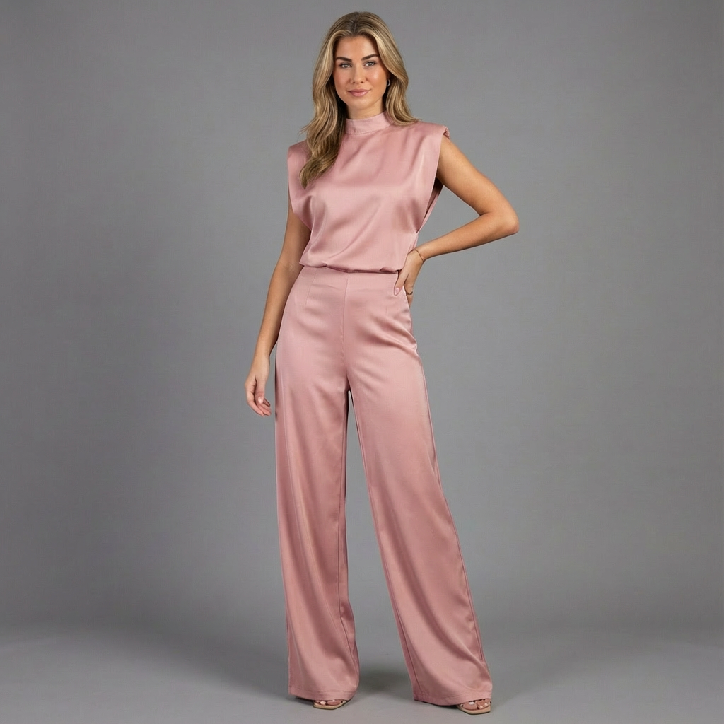Women's burgundy satin wide-leg jumpsuit with open back