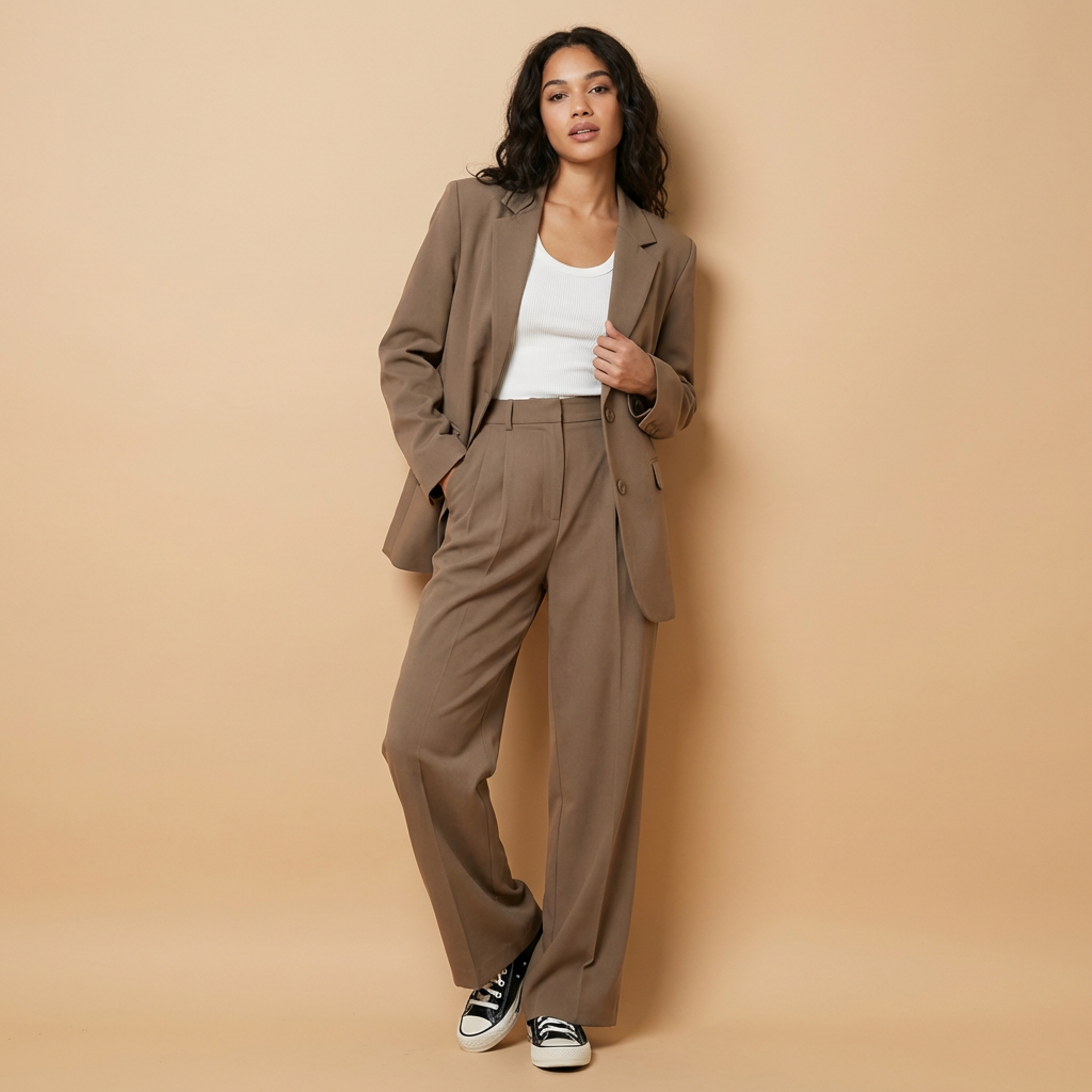 Women's khaki blazer and trouser co-ord suit