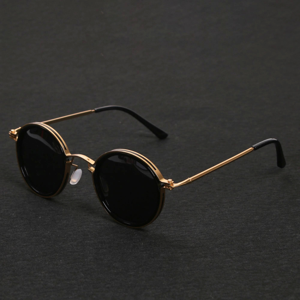leopard-print round metal-frame sunglasses with dark lenses