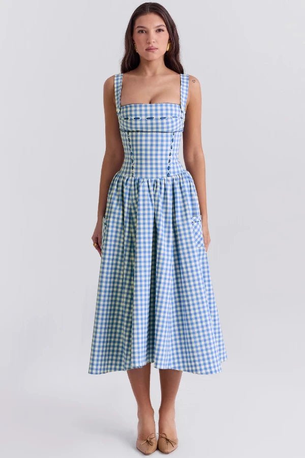 Women's strawberry pleated maxi dress with a round neck, sleeveless