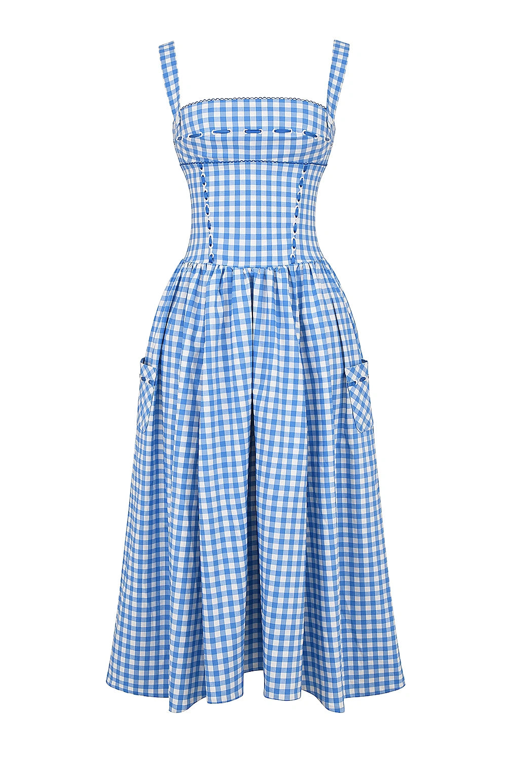 Women's regatta blue pleated maxi dress with a round neck, sleeveless