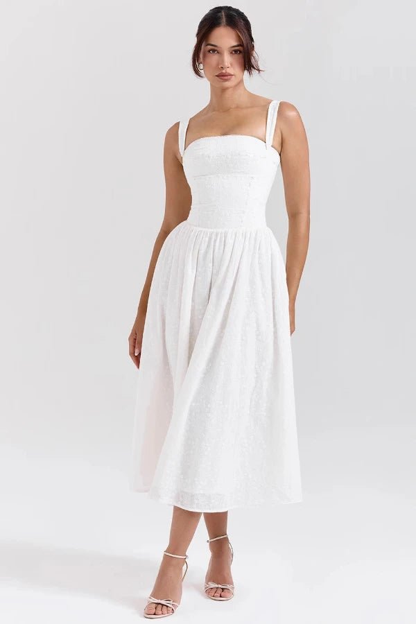 Women's regatta blue pleated maxi dress with a round neck, sleeveless