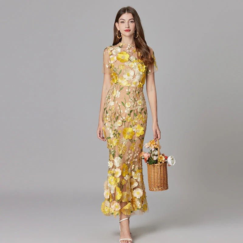 Women's yellow 3D floral applique evening maxi dress with sheer mesh overlay