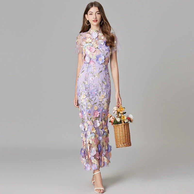 Women's yellow 3D floral applique evening maxi dress with sheer mesh overlay