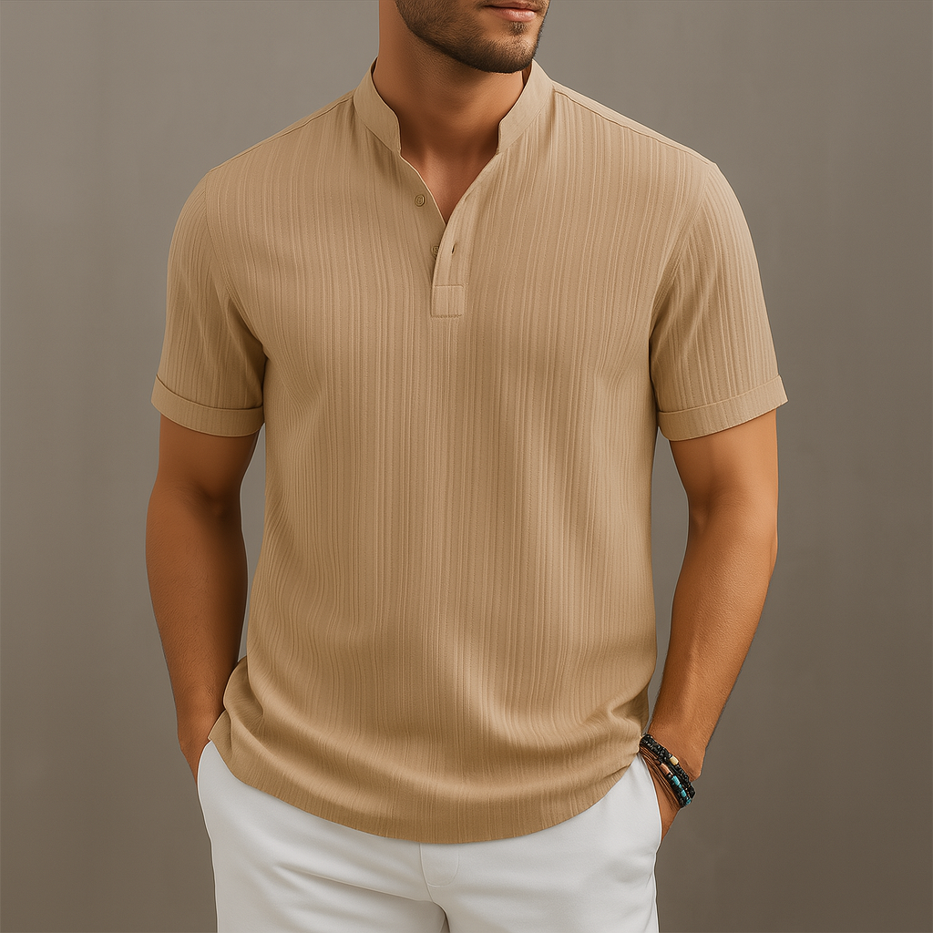 Men's linen popover shirt with a grandad collar