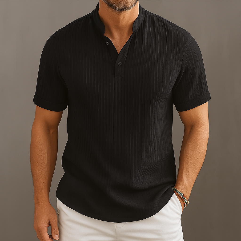 Men's linen popover shirt with a grandad collar