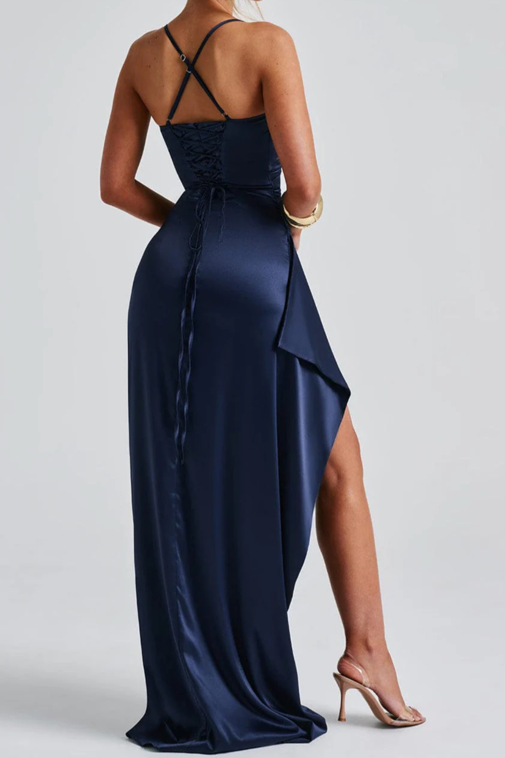 Women's strappy ruched maxi dress with high slit