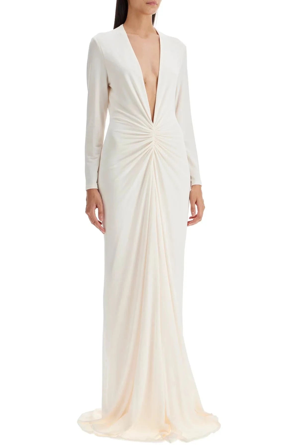 Women's white pleated a-line midi dress with a v-neck