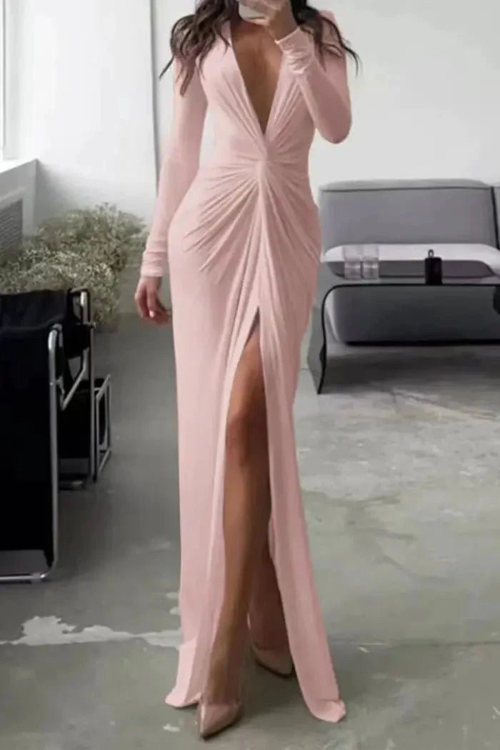 Women's blush pleated a-line midi dress with a v-neck