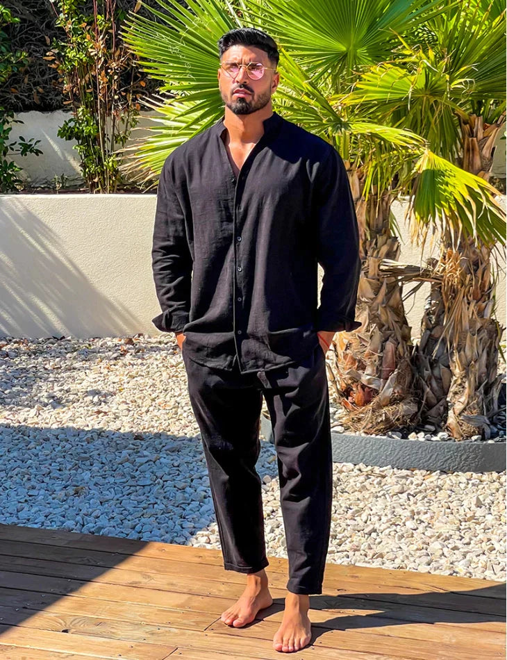 Men's black linen shirt and trouser co-ord set