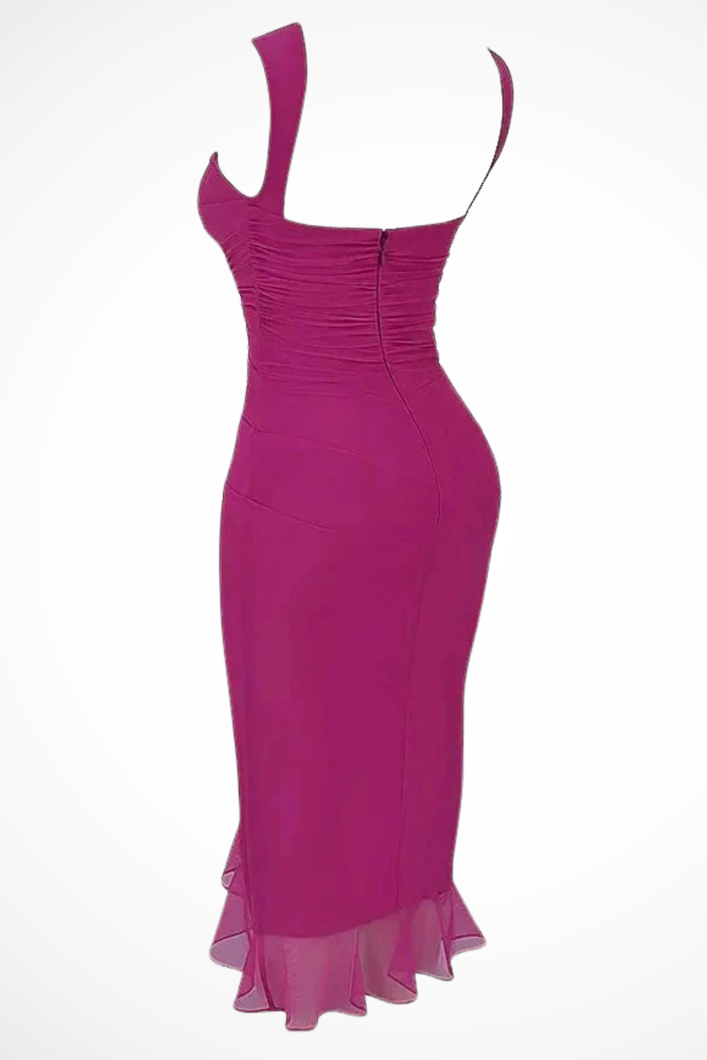 Women's mesh ruched midi dress with ruffle slit