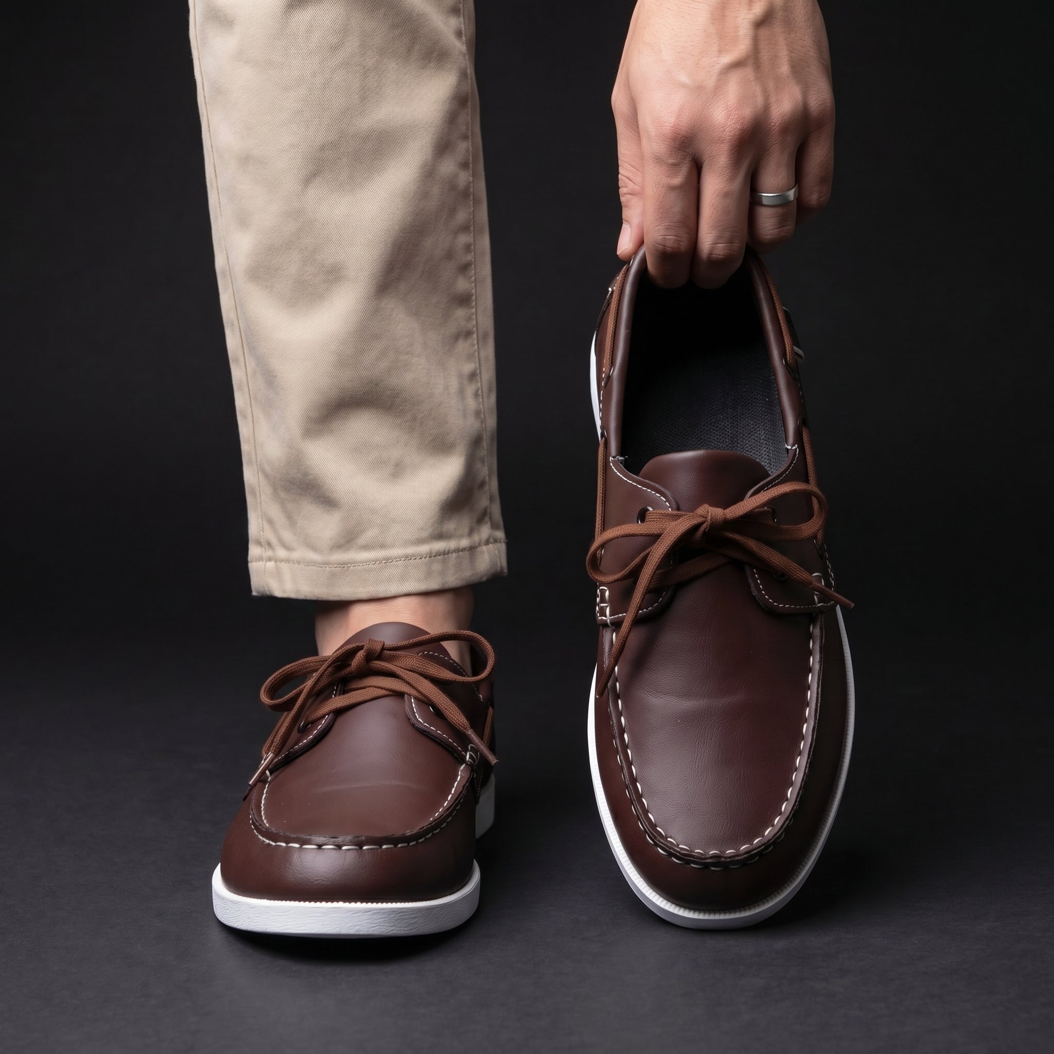 Men's white lace-up boat deck shoes