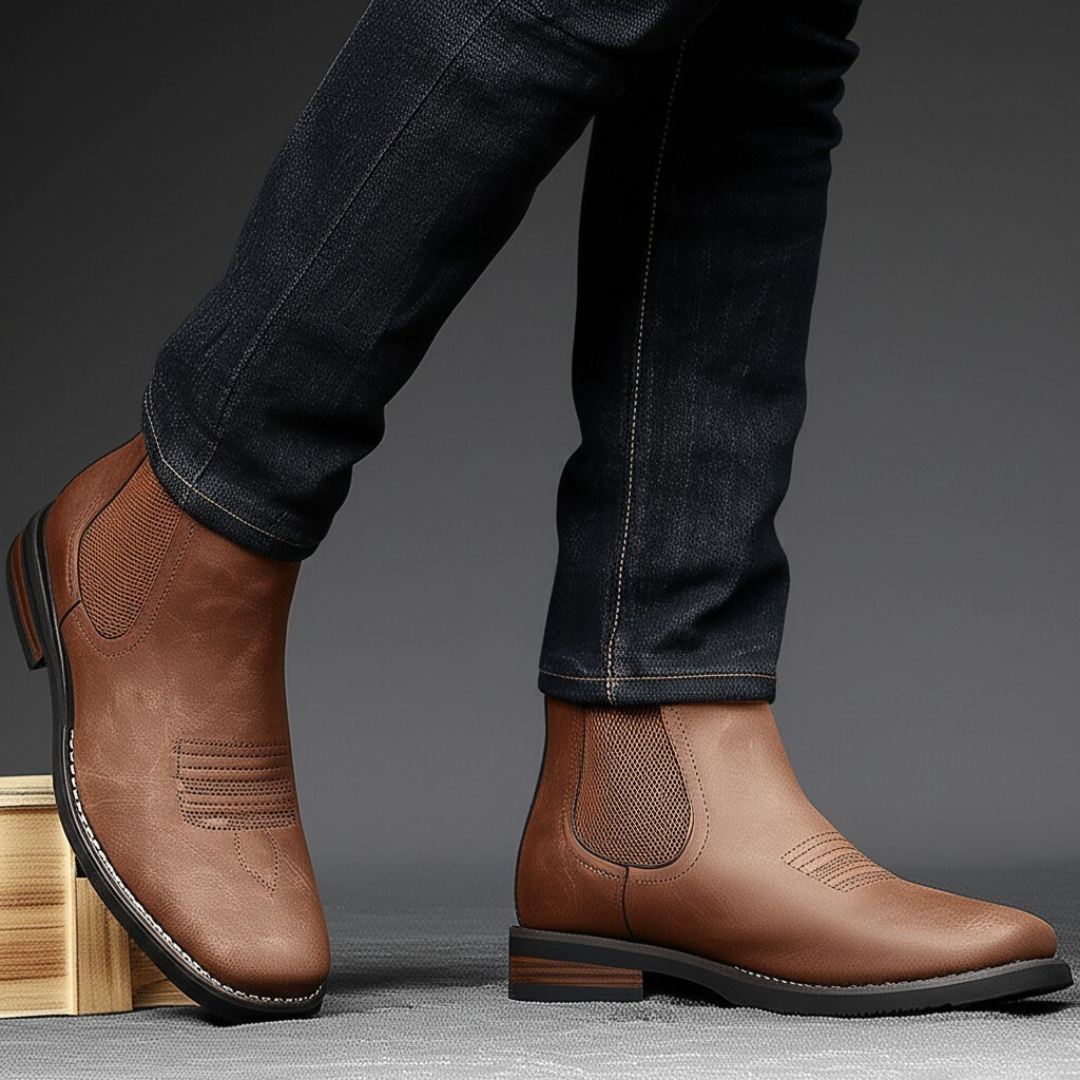 Men's classic dress boots in brown, black, and grey