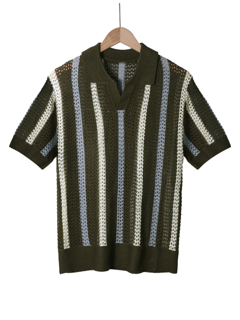 Men's navy blue open knit collared polo shirt