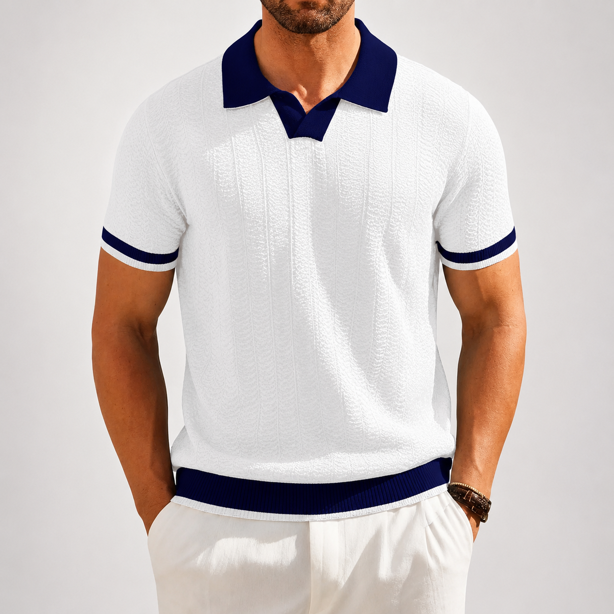 Men's brown textured knit polo shirt