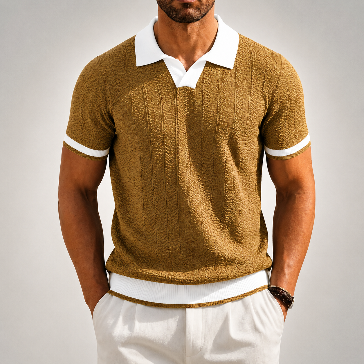 Men's brown textured knit polo shirt