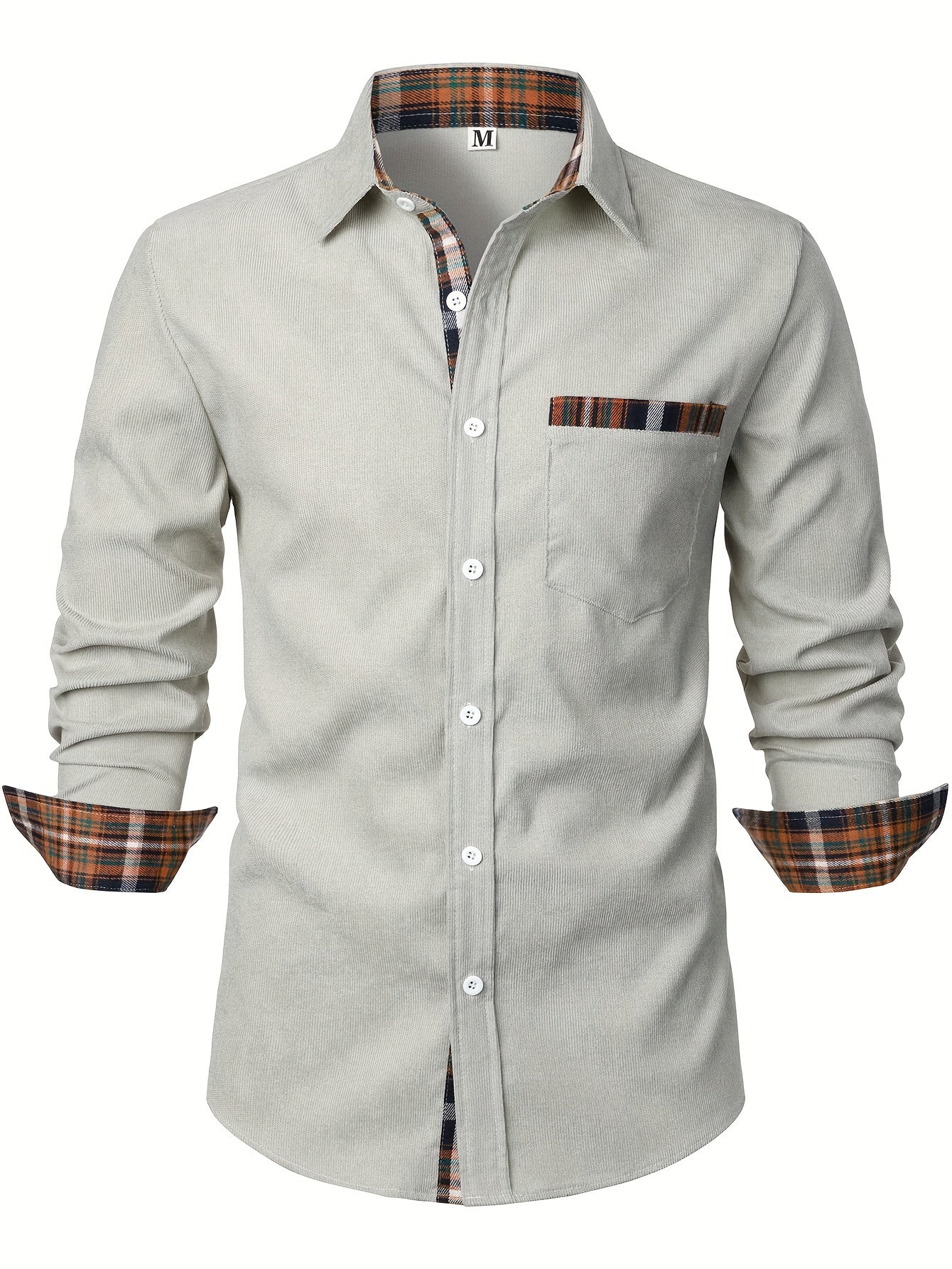 Men's light grey corduroy check long-sleeve overshirt