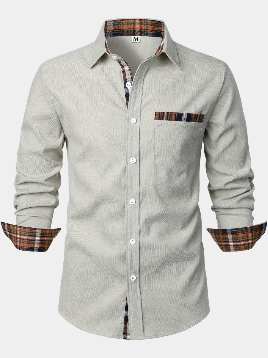 Men's light grey corduroy check long-sleeve overshirt