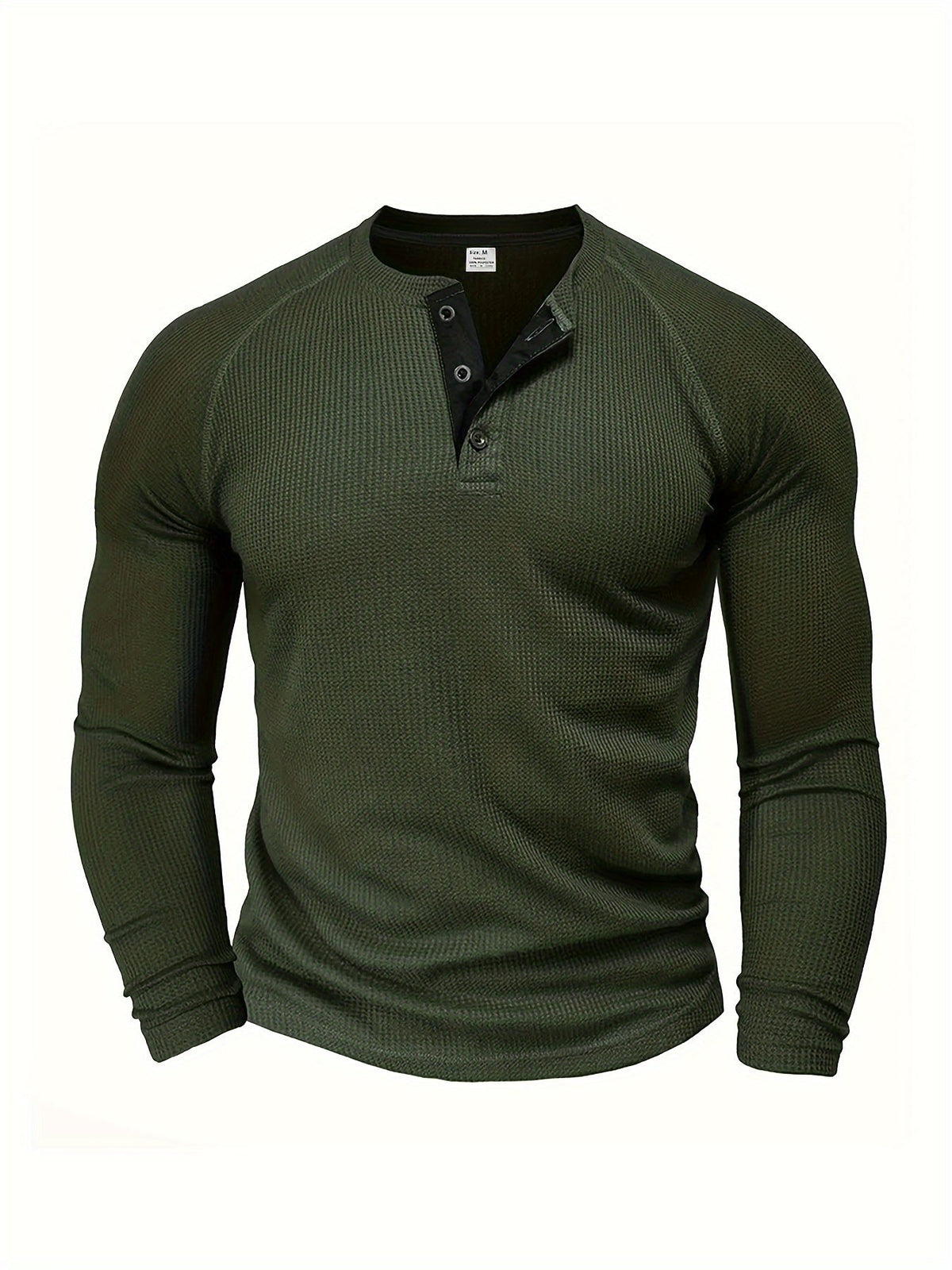 Long sleeve raglan Henley shirt in green, featuring raglan sleeves and a button placket.