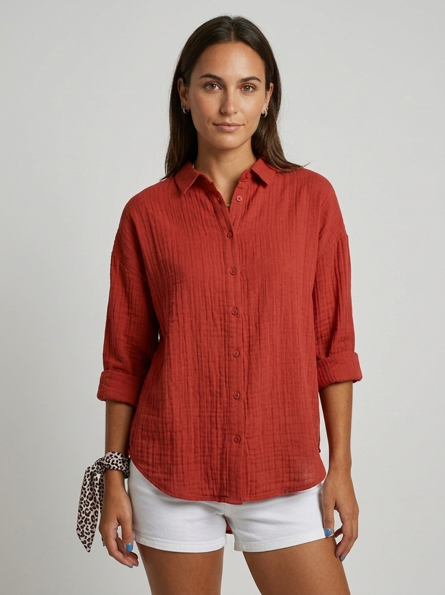 Women's blue lightweight crinkle shirt with button front
