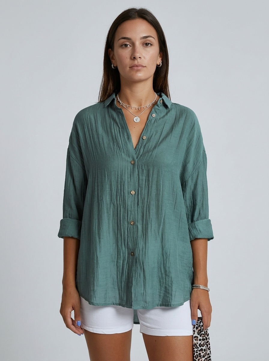 Women's blue lightweight crinkle shirt with button front