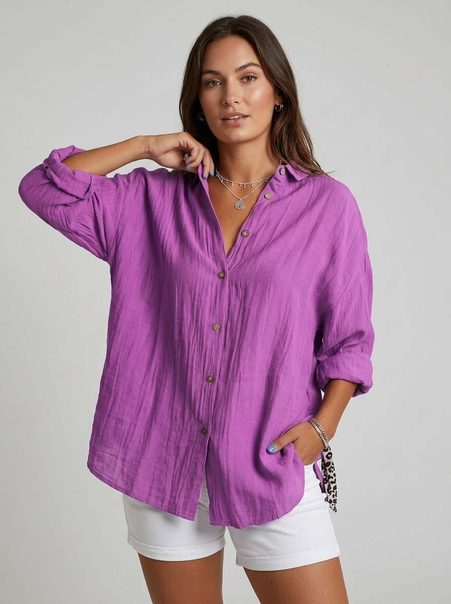 Women's blue lightweight crinkle shirt with button front