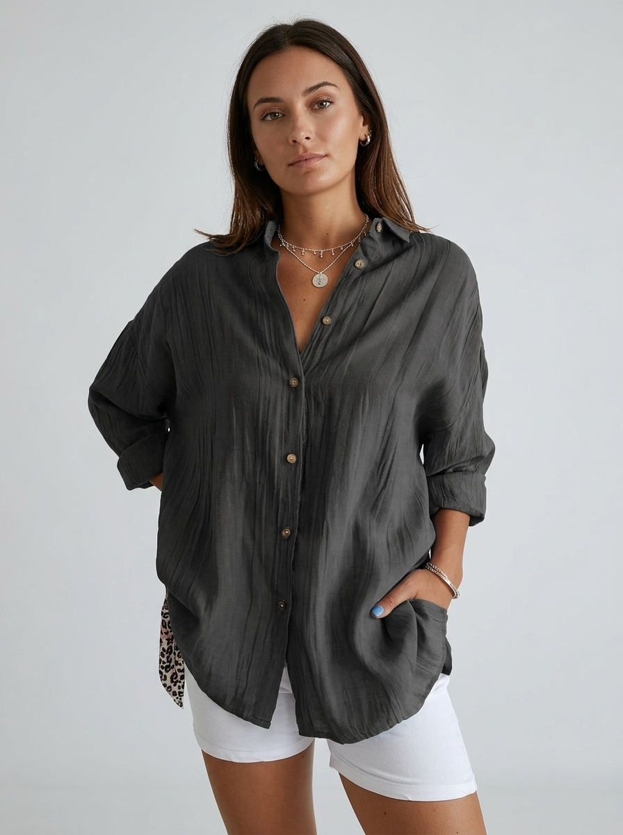 Women's brown lightweight crinkle shirt with button front