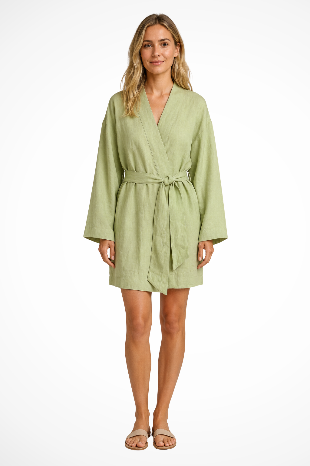 Women's saga green linen tie-waist kimono wrap midi dress