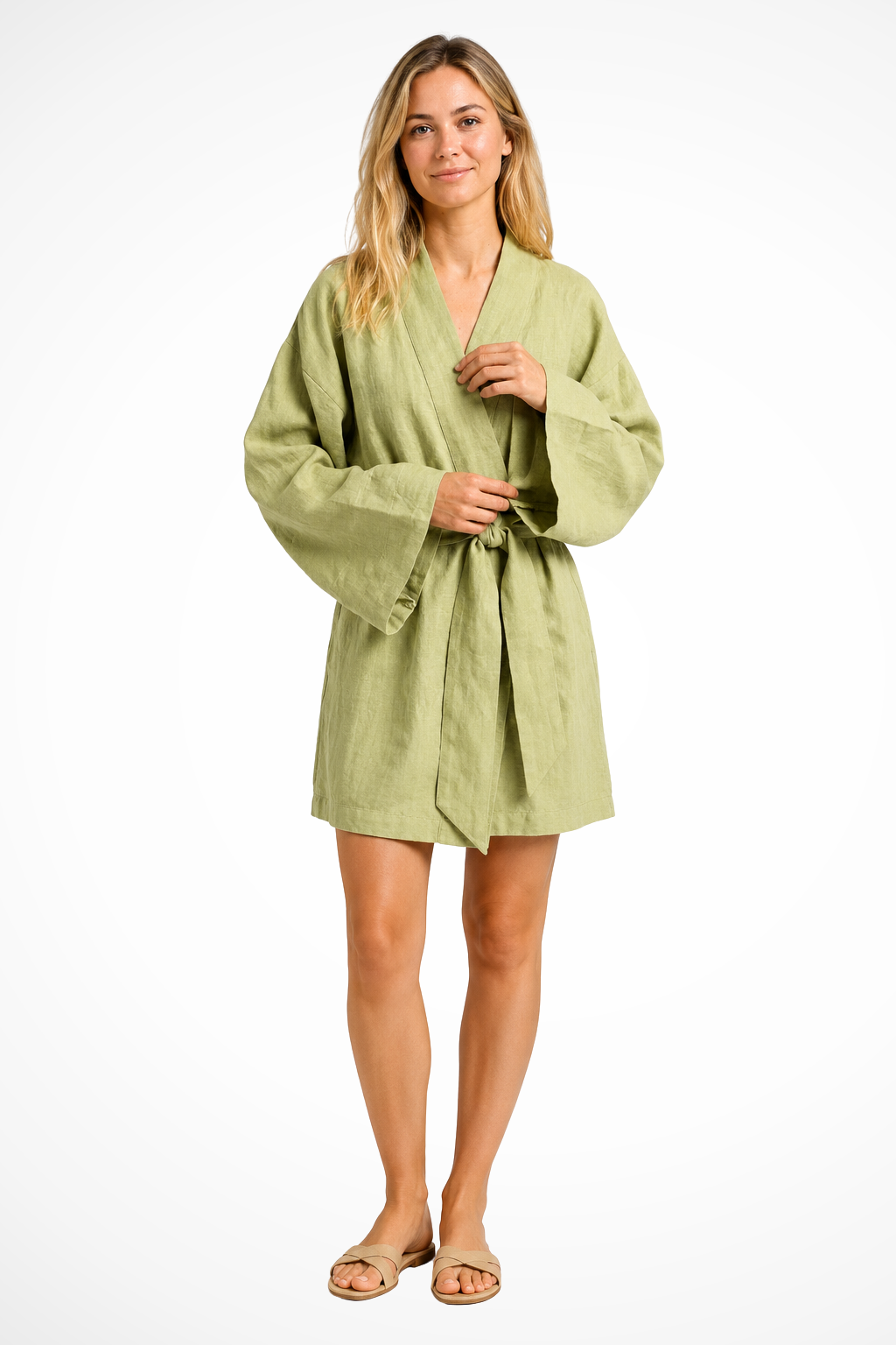 Women's saga green linen tie-waist kimono wrap midi dress