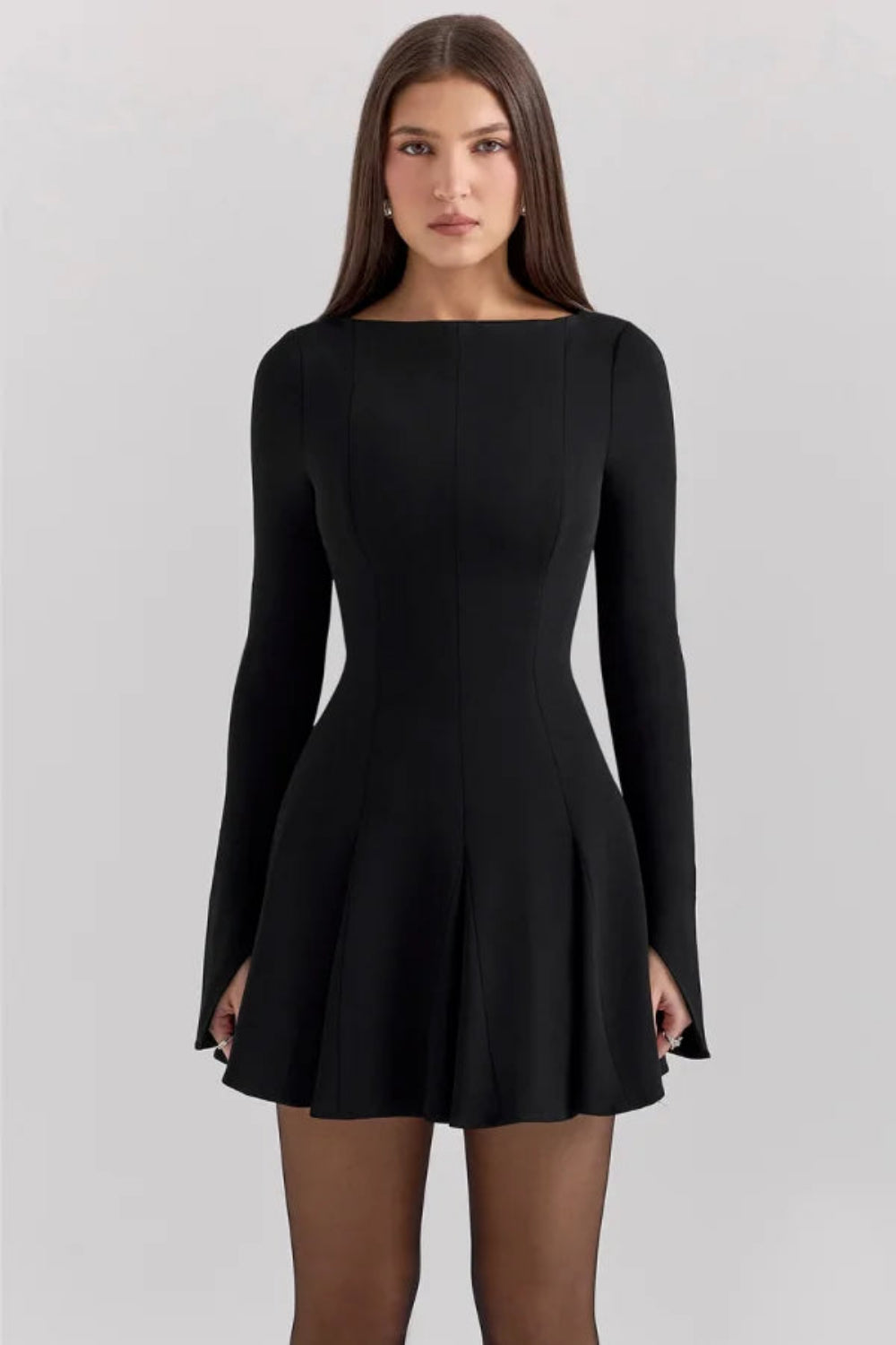 women's fit and flare dress with long sleeves and a square neck