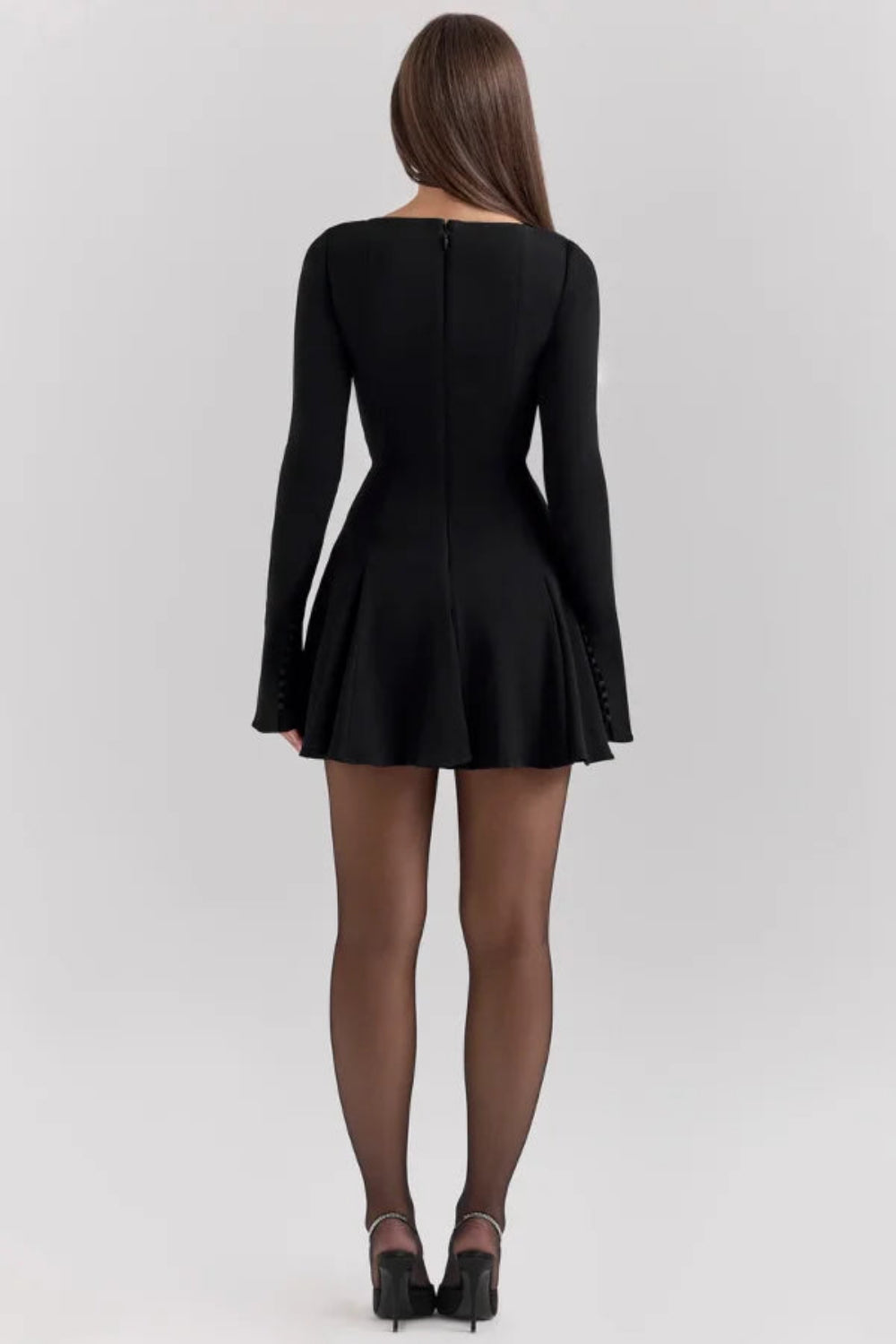 women's fit and flare dress with long sleeves and a square neck