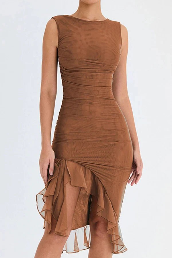 Women's brown scoop neck midi dress with a ruffle hem