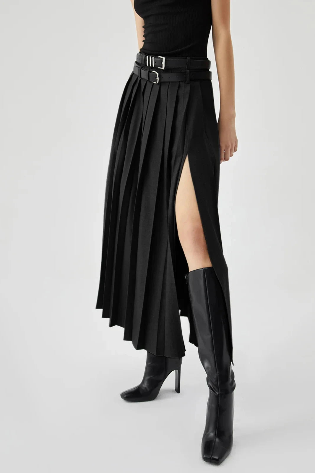 Women's gold pleated maxi skirt with a side split