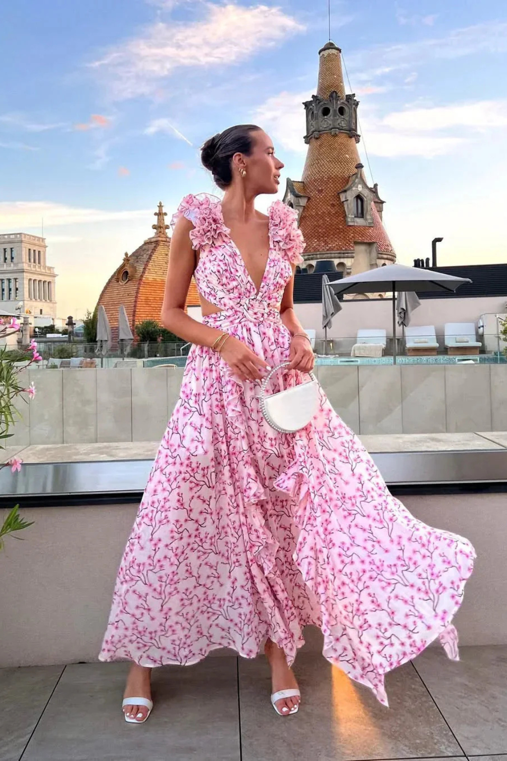 Women's orange floral ruffle v-neck maxi dress