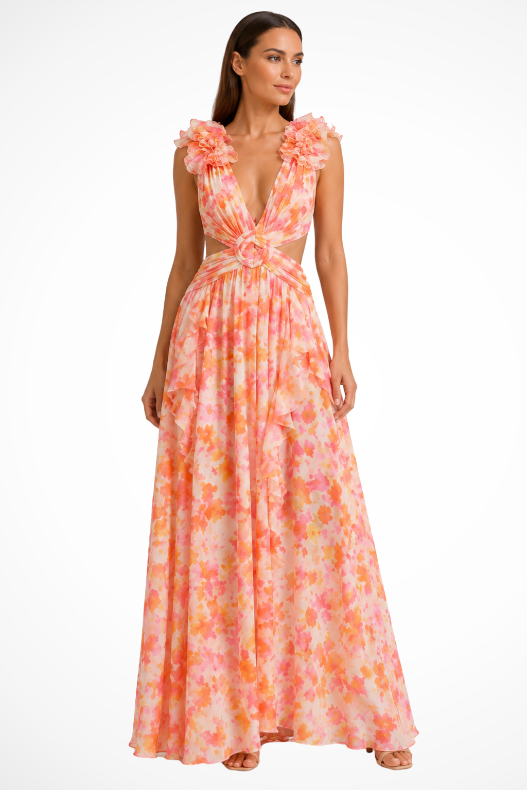 Women's pink floral ruffle v-neck maxi dress
